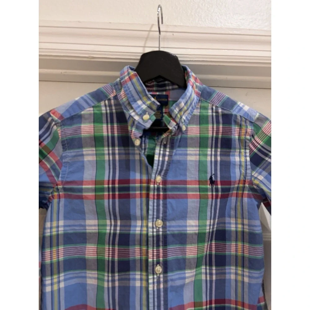 Ralph Lauren Boys Plaid Button-Down Shirt Blue Green Long Sleeve M (10-12) Logo